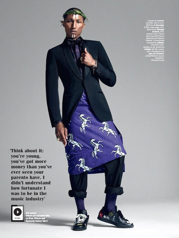 Pharrell Williams Wears Ankara Print Fabric as a Kilt in British GQ October 2014 Issue 2