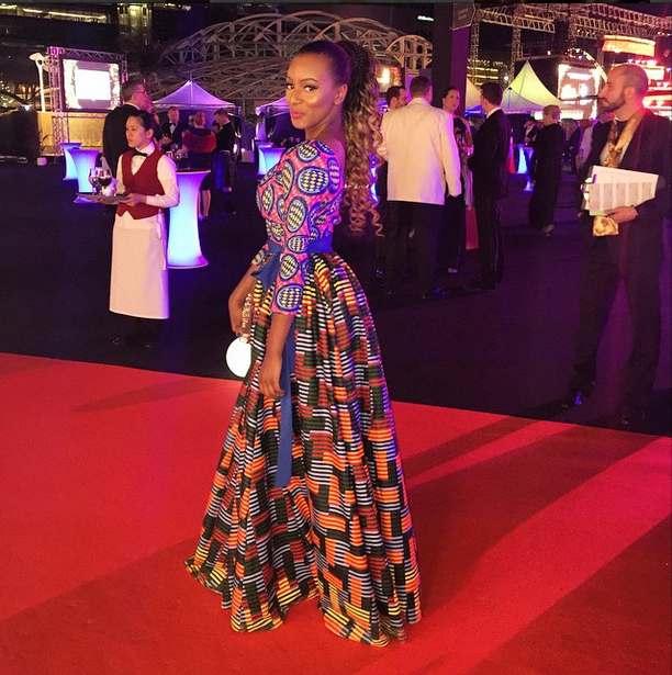 DJ Cuppy in Mixed Print Ankara Gown to The 2015 Oil Barons Charity Ball in Dubai 2