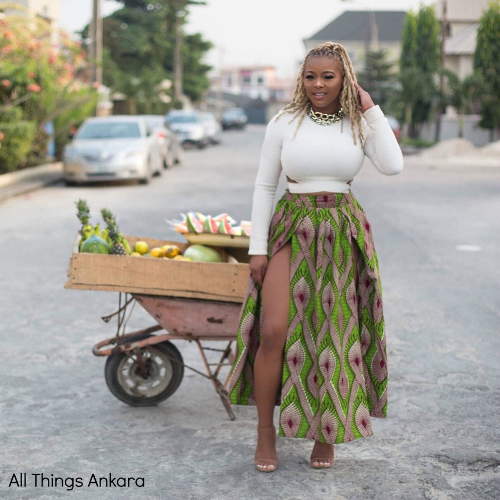 Claire Sulmers in The Bombchel Factory Green Ankara Print Skirt 1