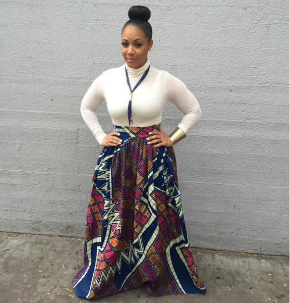 Celebritity Erica Campbell in a Chen Burkett Mel African Print Maxi Skirt